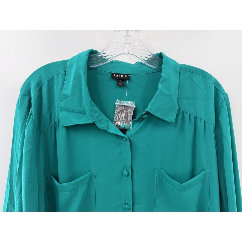 Torrid Madison Georgette Button Up Long Sleeve Shirt 2/2X NWT Fanfare Green - Picture 2 of 9